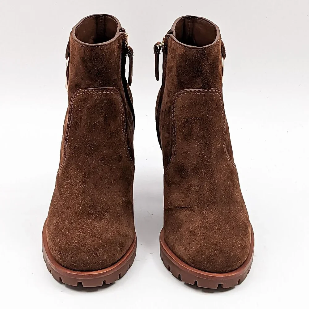 Tory Burch Women Sofia 85 Lug Sole T Logo Heeled Brown Suede Boots size 5 - Picture 5 of 11